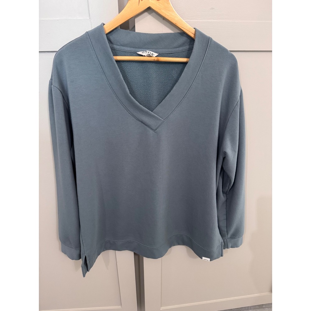 Orvis Womens Blue V-Neck Fleece Pullover Sweatshirt Classic Collection Large‎ L